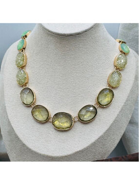 Dana Buchman Gold Tone Statement Necklace | Seafoam Green & Olive Faceted Stones